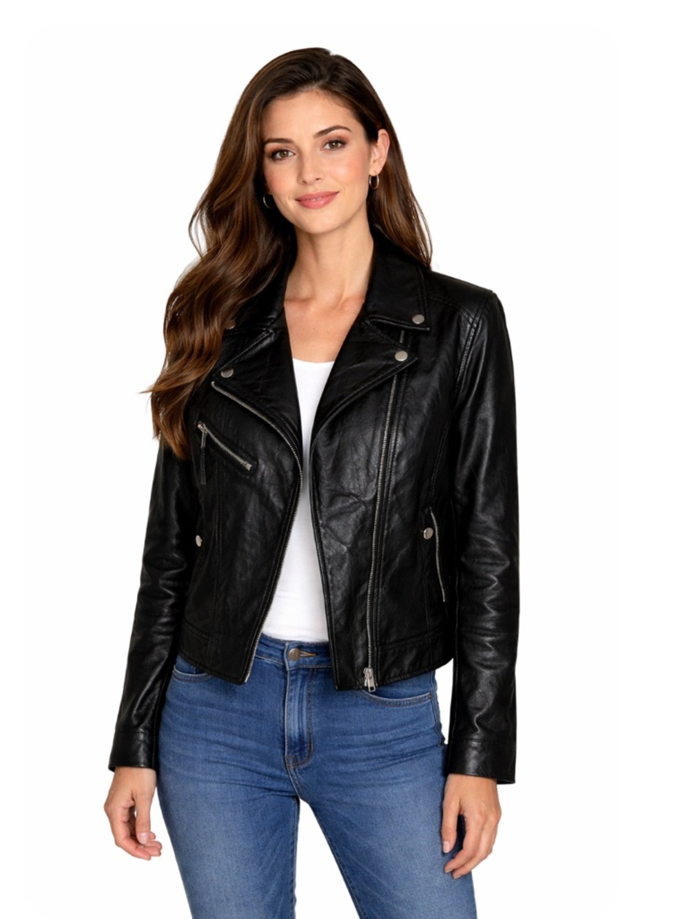 RW&CO. Black Leather‎ Moto Jacket with Asymmetrical Zip
